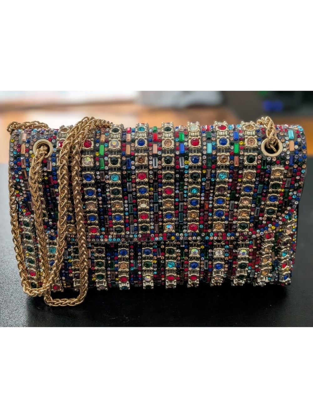 Embellished Multicolored Crystal Shoulder Bag with Gold Chain